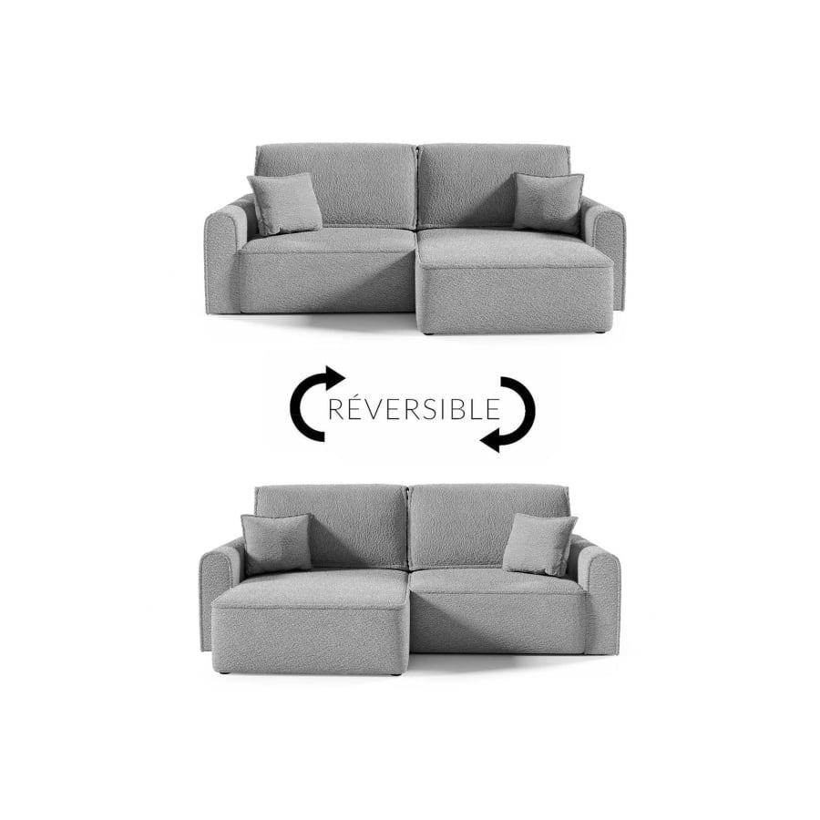 Canap&eacute; d'angle convertible et r&eacute;versible avec coffre effet peau de mouton gris clair